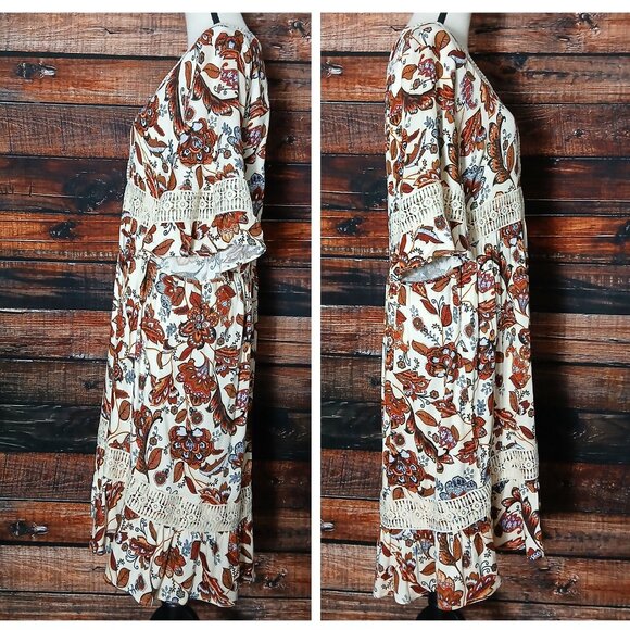 Cato Peasant Dress 14 16 W Boho Rayon Crochet Flared Half Bell Sleeve Midi - Picture 3 of 9